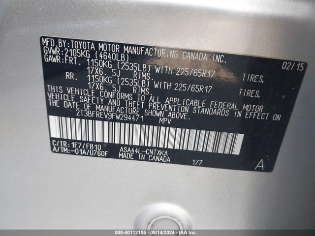 Toyota RAV4 LE 2015 2T3BFREV9FW294471 Image 9