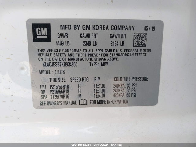 KL4CJESB7KB934955 Buick Encore Awd Preferred