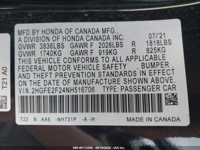 Honda Civic Lx 2022 2HGFE2F24NH516706 Image 9