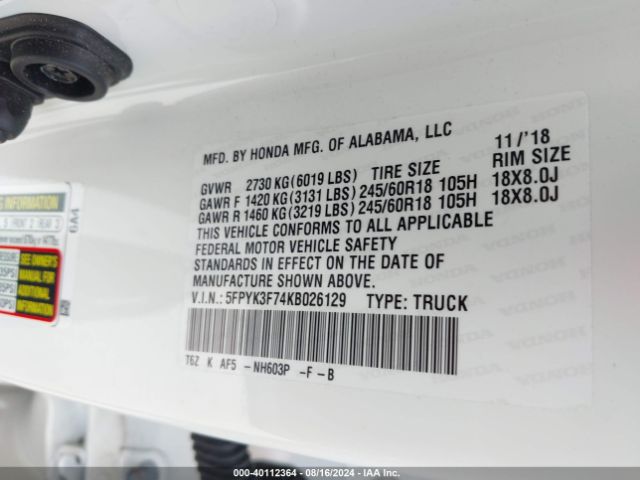 5FPYK3F74KB026129 Honda Ridgeline Rtl-e