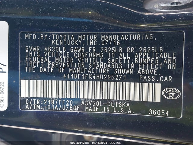 Toyota CAMRY SE 2017 4T1BF1FK4HU295271 Image 9