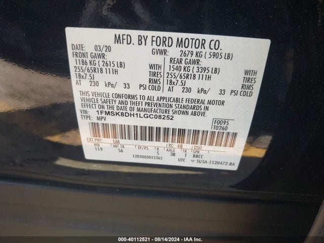 Ford EXPLORER XLT 2020 1FMSK8DH1LGC08252 Image 9