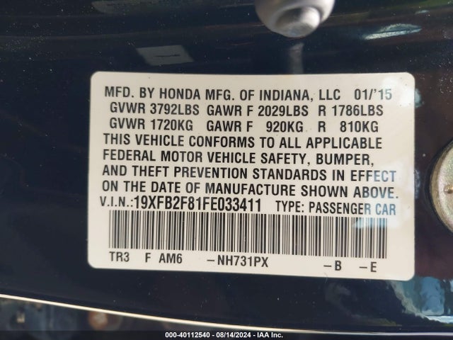Honda CIVIC EX 2015 19XFB2F81FE033411 Image 9