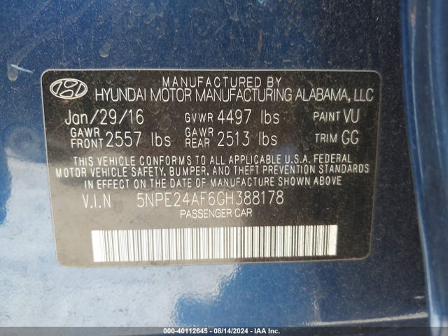 Hyundai SONATA SE 2016 5NPE24AF6GH388178 Image 9