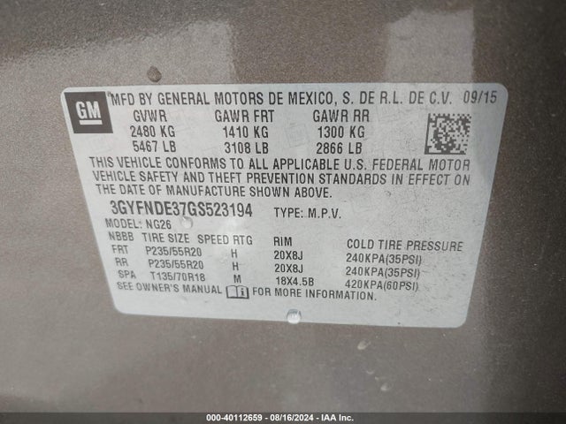 3GYFNDE37GS523194 Cadillac Srx Premium Collection