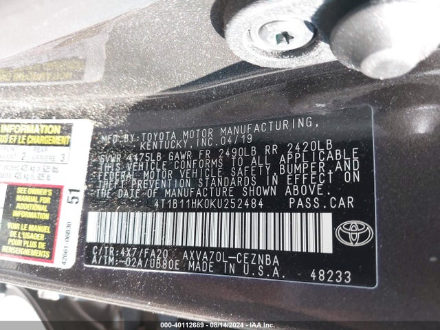 Toyota CAMRY LE 2019 4T1B11HK0KU252484 Image 9