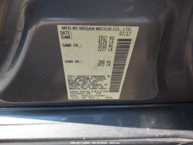 Nissan Altima 2.5 S 2017 1N4AL3AP1HC292248 Image 9