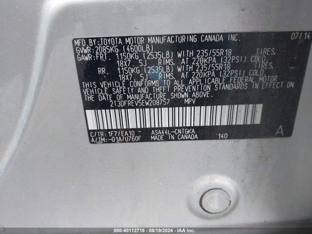 Toyota Rav4 Limited 2014 2T3DFREV5EW208757 Image 9