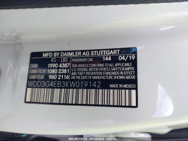 WDD3G4EB3KW019142 Mercedes-Benz A 220