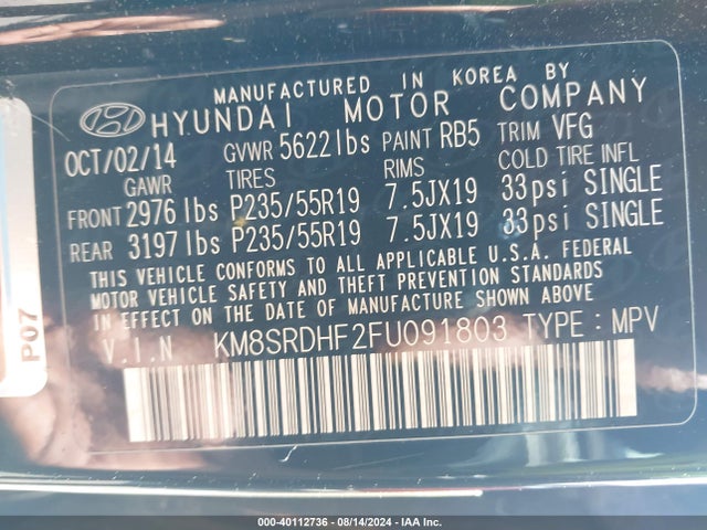 Hyundai Santa Fe Limited 2015 KM8SRDHF2FU091803 Image 9