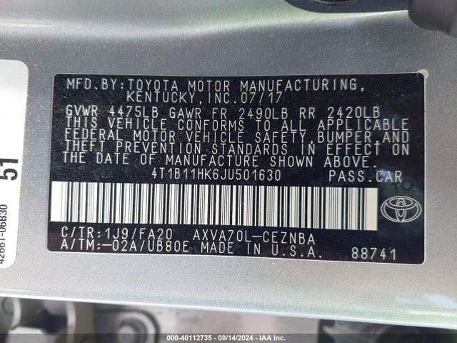 Toyota CAMRY LE 2018 4T1B11HK6JU501630 Image 9