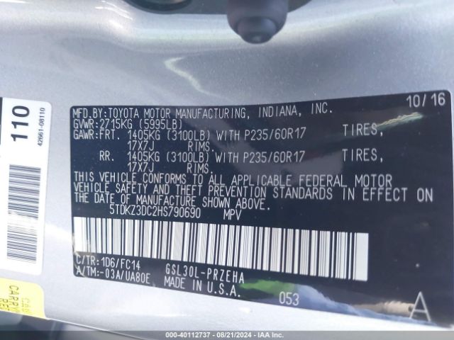 5TDKZ3DC2HS790690 Toyota Sienna Le 8 Passenger