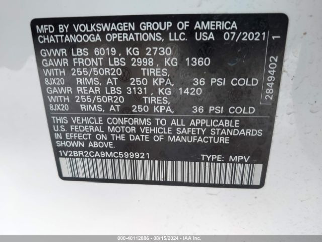 1V2BR2CA9MC599921 Volkswagen Atlas 3.6l V6 Sel
