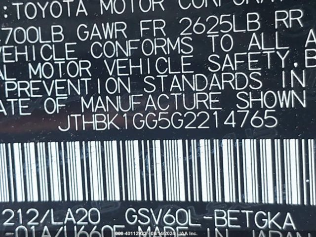 JTHBK1GG5G2214765 Lexus ES 350