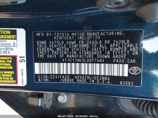 Toyota CAMRY LE 2020 4T1C11AK3LU977464 Image 9