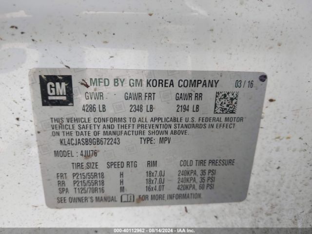 KL4CJASB9GB672243 Buick Encore