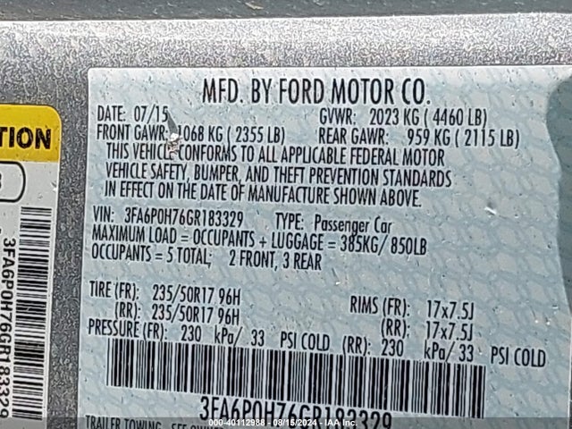Ford FUSION SE 2016 3FA6P0H76GR183329 Image 9