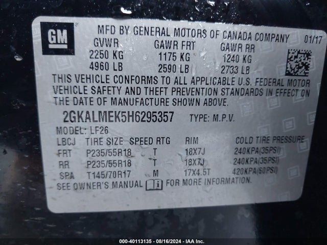 GMC Terrain Sle-1 2017 2GKALMEK5H6295357 Image 9