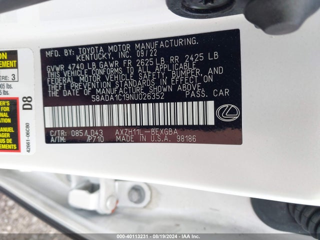 Lexus ES 300H 2022 58ADA1C19NU026352 Image 9