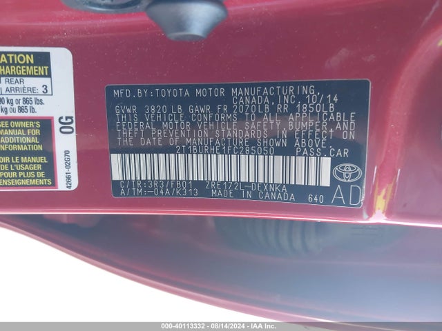 Toyota COROLLA LE 2015 2T1BURHE1FC285050 Image 9