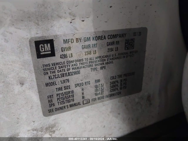 Chevrolet Trax Fwd Lt 2020 KL7CJLSB1LB329600 Image 9