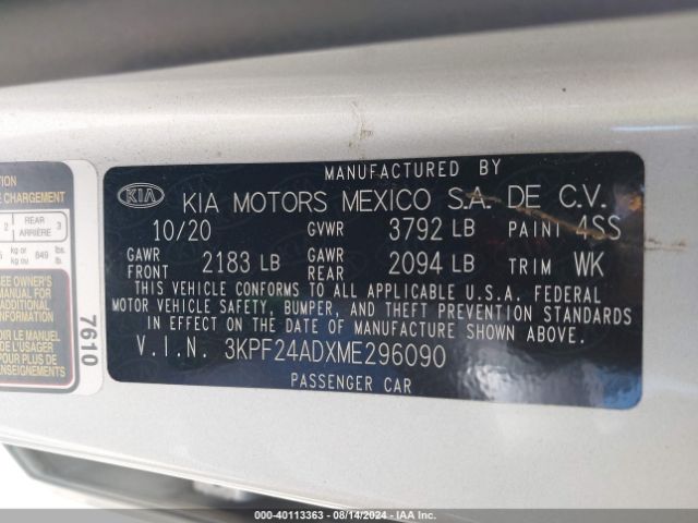 3KPF24ADXME296090 KIA Forte Lxs