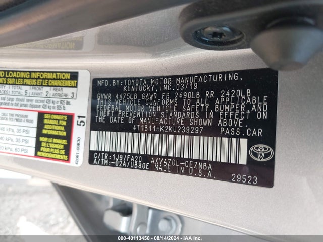 Toyota CAMRY LE 2019 4T1B11HK2KU239297 Image 9