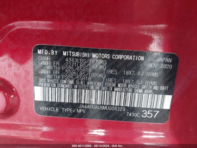 JA4APUAU6MU008329 Mitsubishi Outlander Sport 2.0 Be 2wd/2.0 Es 2wd/2.0 Le 2wd/2.0 S 2wd
