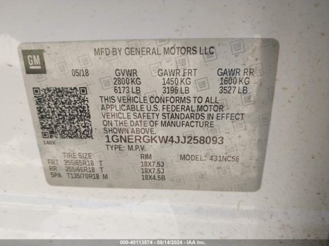 1GNERGKW4JJ258093 Chevrolet Traverse 1lt