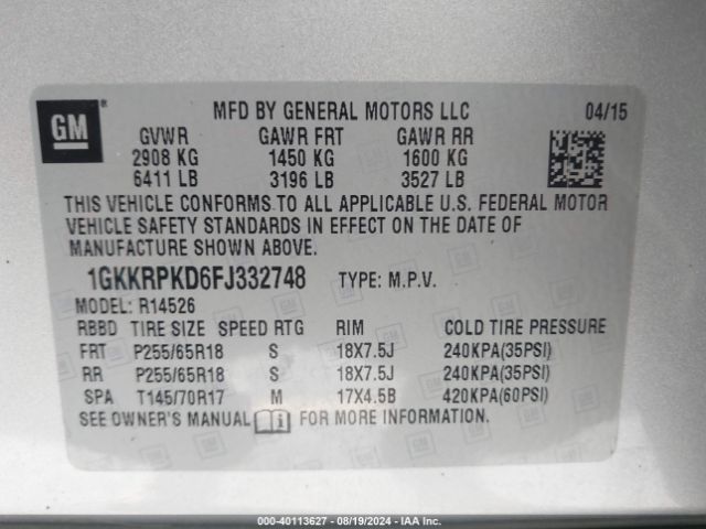 1GKKRPKD6FJ332748 GMC Acadia Sle-2