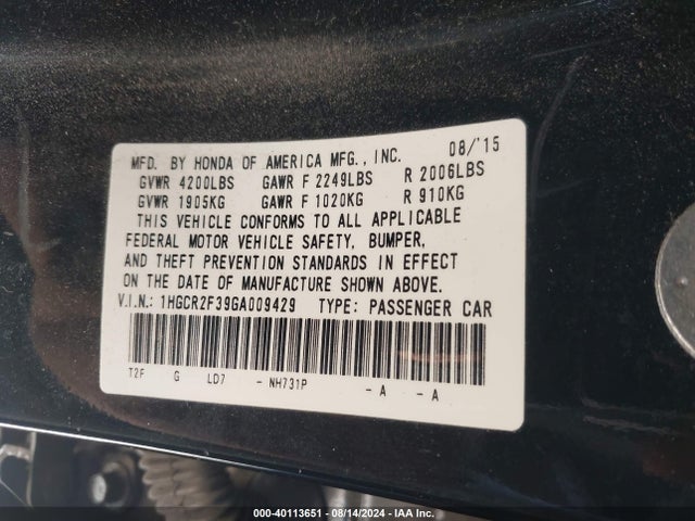 Honda ACCORD LX 2016 1HGCR2F39GA009429 Image 9