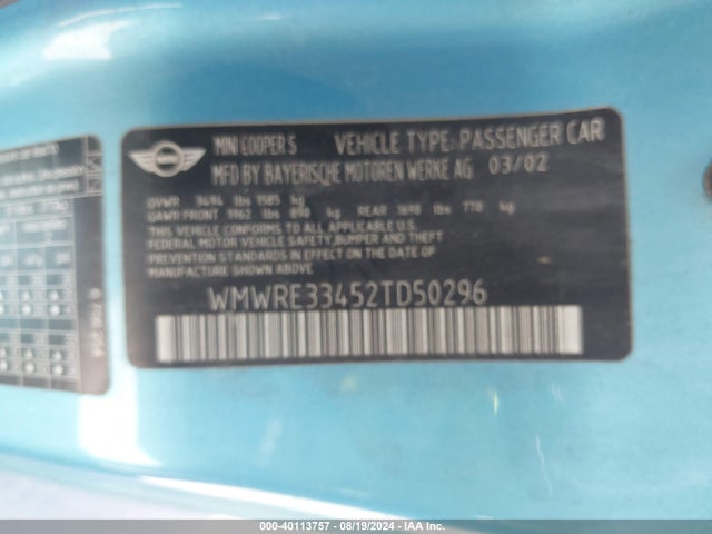 2002 MINI COOPER S WMWRE33452TD50296 Photo 8
