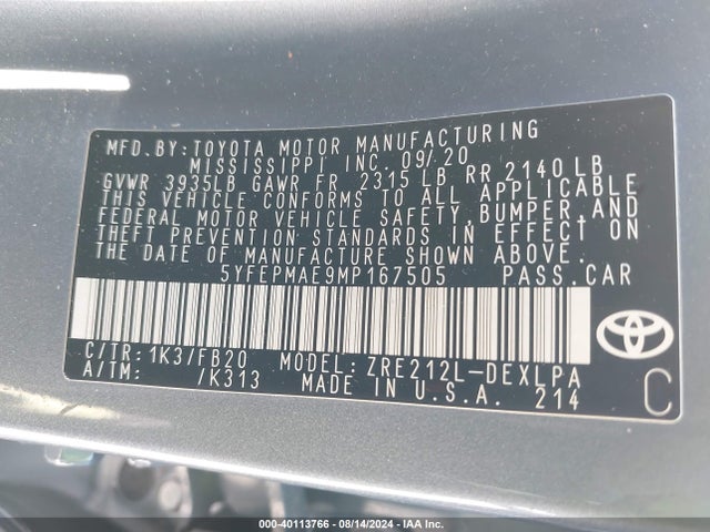 Toyota COROLLA LE 2021 5YFEPMAE9MP167505 Image 9