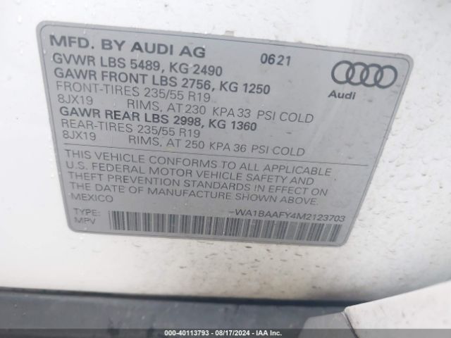 WA1BAAFY4M2123703 Audi Q5 Premium Plus 45 Tfsi Quattro S Tronic