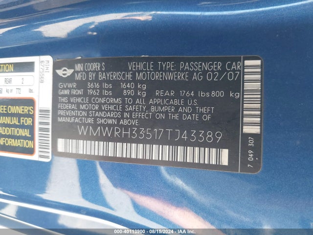 2007 MINI COOPER S WMWRH33517TJ43389 Photo 8