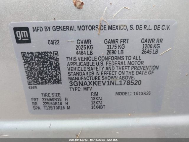 3GNAXKEV1NL178520 Chevrolet Equinox Fwd Lt