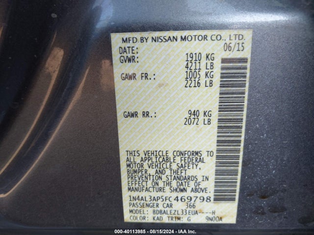 Nissan Altima 2.5 S 2015 1N4AL3AP5FC469798 Image 9