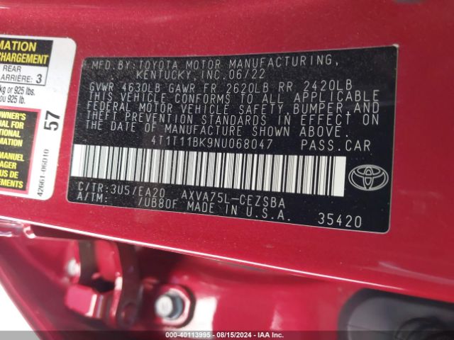 4T1T11BK9NU068047 Toyota Camry Se Awd
