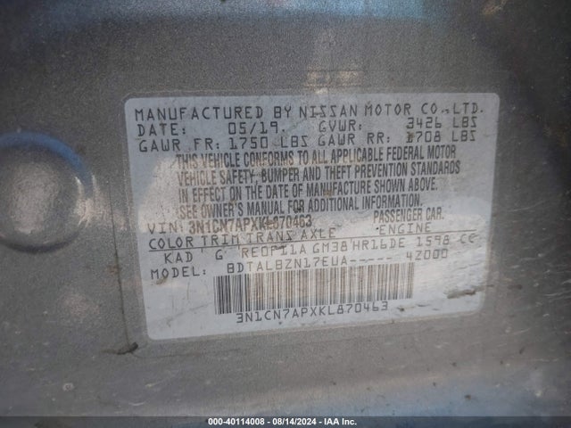 Nissan Versa 1.6 Sv 2019 3N1CN7APXKL870463 Image 9
