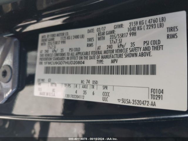 1FMCU9GD7HUD20804 Ford ESCAPE SE