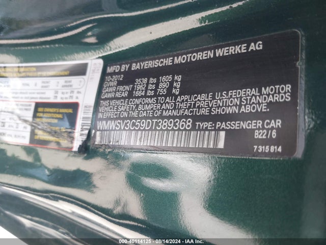 2013 MINI HARDTOP WMWSV3C59DT389368 Photo 8