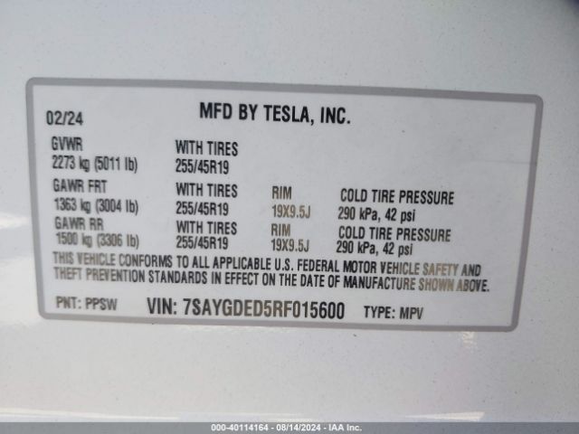 7SAYGDED5RF015600 Tesla Model Y