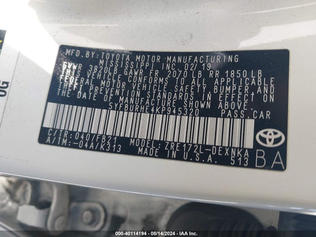Toyota COROLLA LE 2019 5YFBURHE4KP945320 Image 9