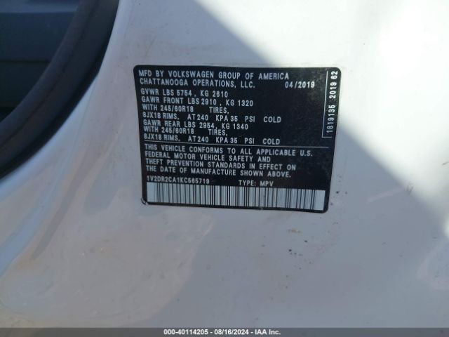 1V2DR2CA1KC565719 Volkswagen Atlas 3.6l V6 Se