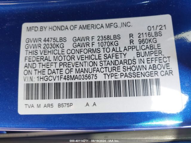 1HGCV1F48MA035675 Honda Accord Sport Special Edition