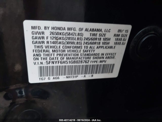 Honda Pilot Ex-l 2016 5FNYF6H51GB028762 Image 9
