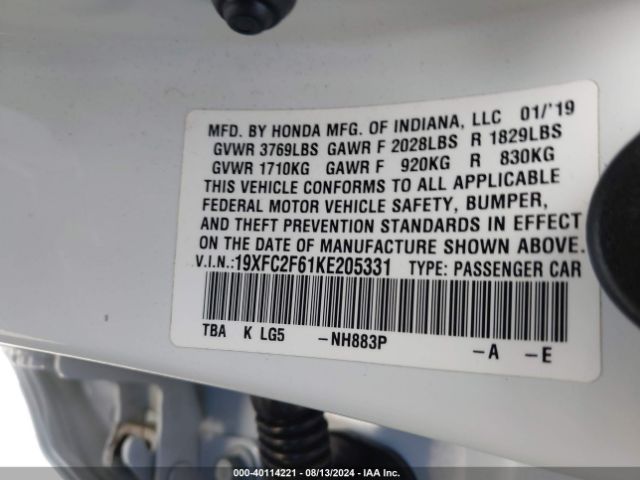 19XFC2F61KE205331 Honda Civic Lx