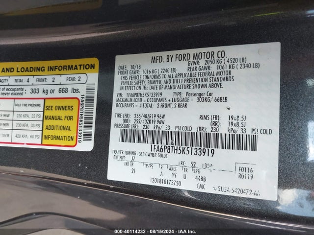 Ford Mustang Ecoboost 2019 1FA6P8TH5K5133919 Image 9