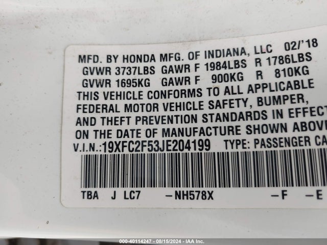 Honda Civic Lx 2018 19XFC2F53JE204199 Image 9