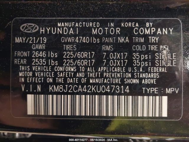 KM8J2CA42KU047314 Hyundai TUCSON SE
